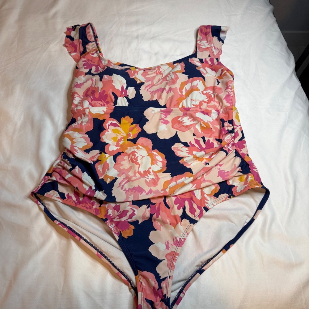 Kona Sol Womens Floral Ruched One Piece Swimsuit Pink Navy Ruffle Size 22